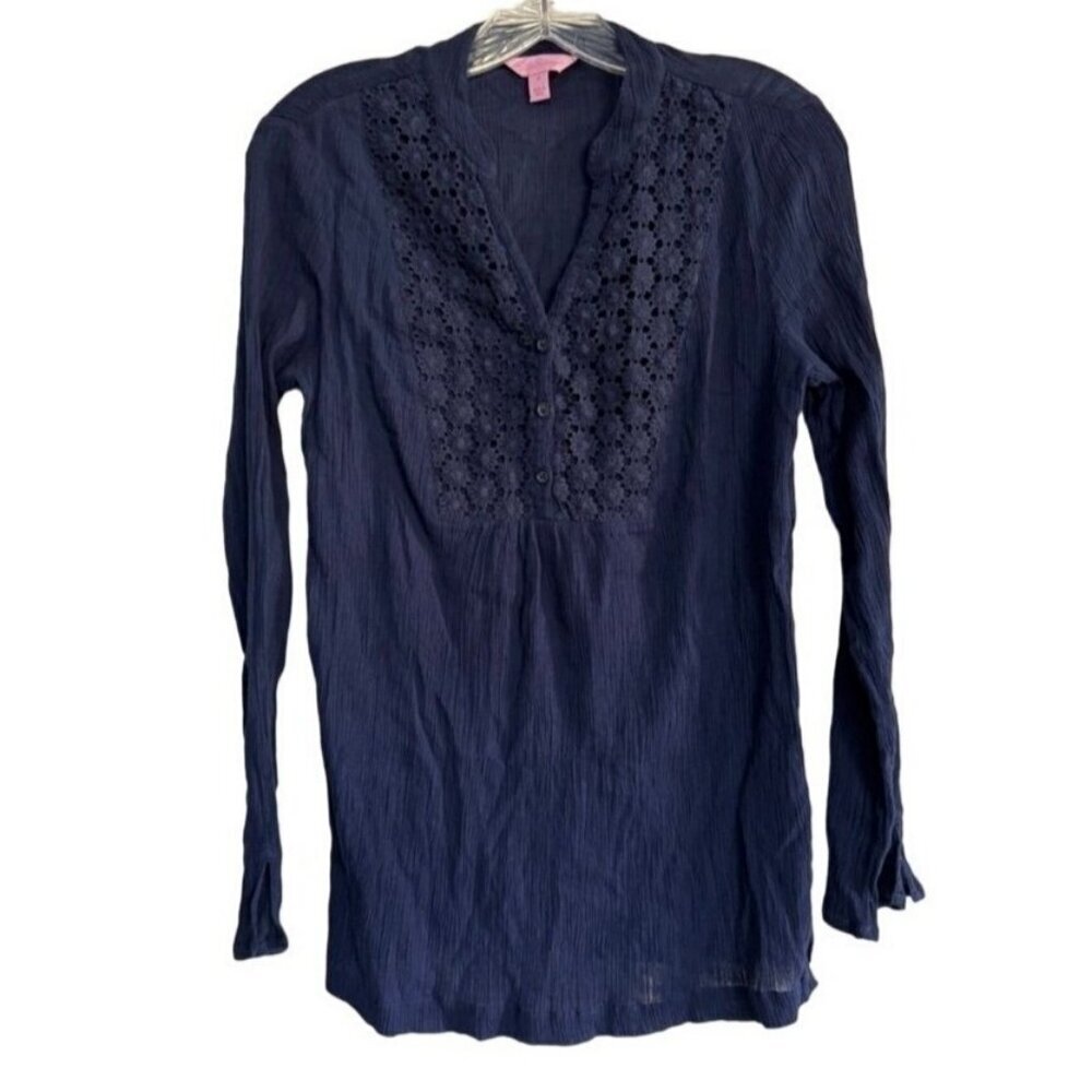 Lilly Pulitzer Freya Crochet Tunic Top Navy Blue Gauze V-Neck Floral Women's S
